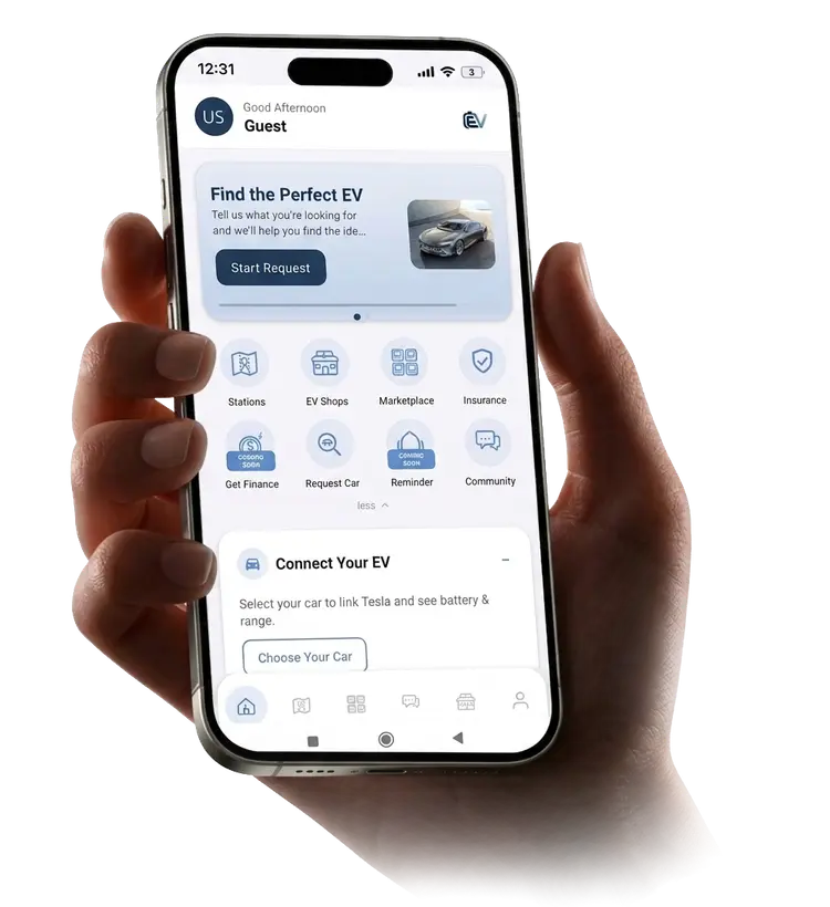EV Group driver app on a smartphone — stations, charging, and EV features