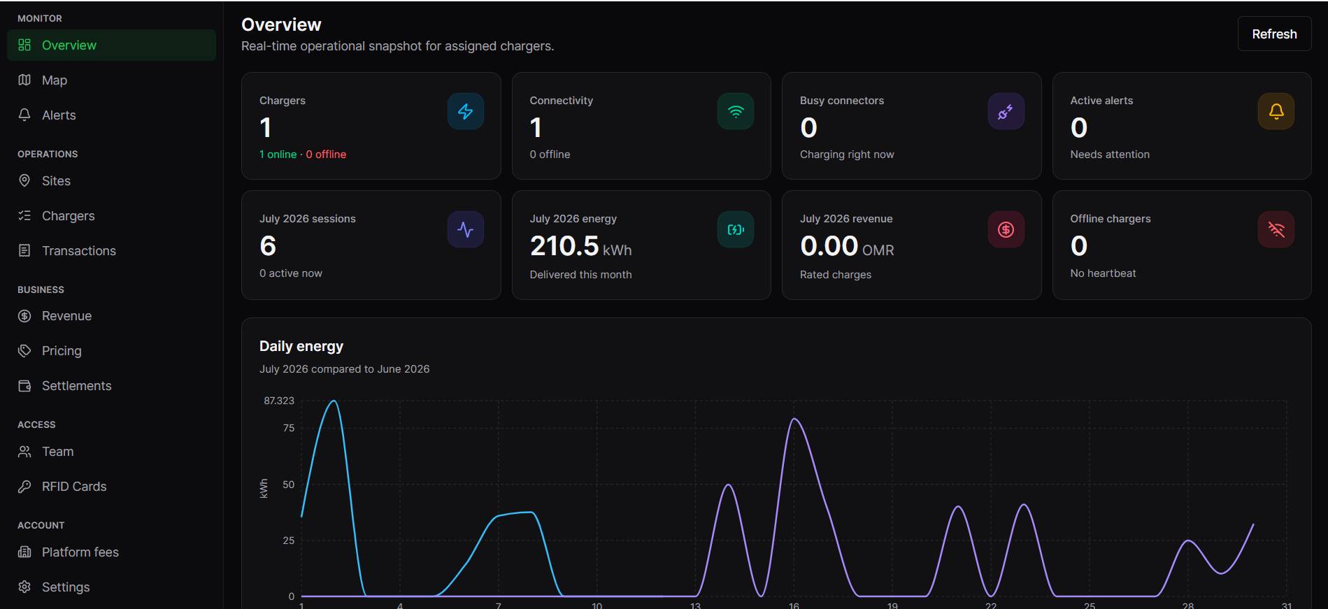 EV Group dashboard overview — live charger stats, connectivity, alerts, and daily energy